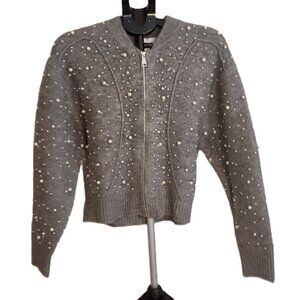 Jason Wu Edit Gray Pearl Wool Blend Bomber Sweater Women's Large NWT